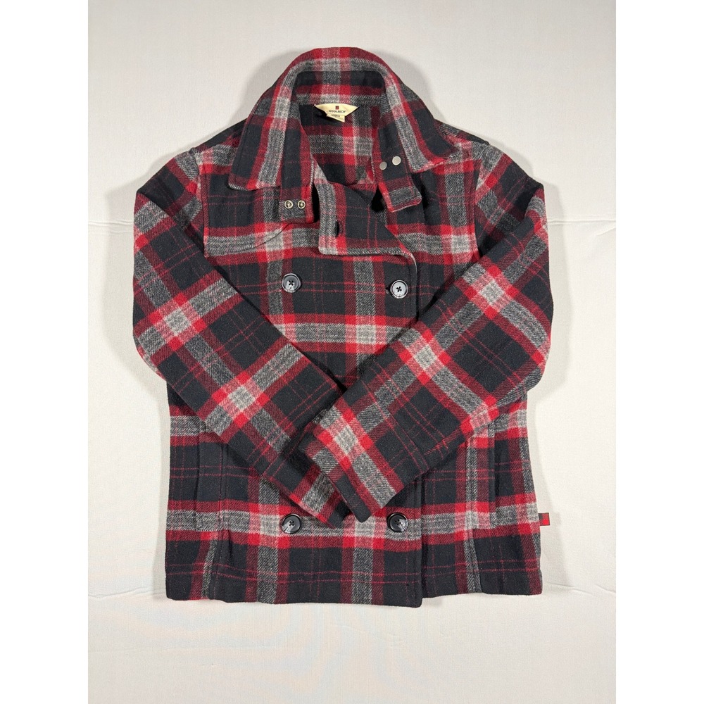 Woolrich Womens Red Black Plaid Wool Blend Pea Coat Jacket Size S